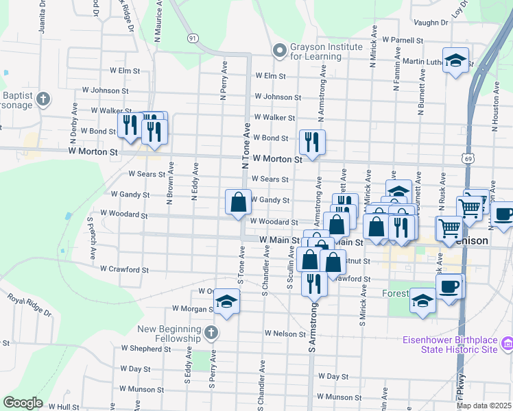 map of restaurants, bars, coffee shops, grocery stores, and more near 1030 West Gandy Street in Denison