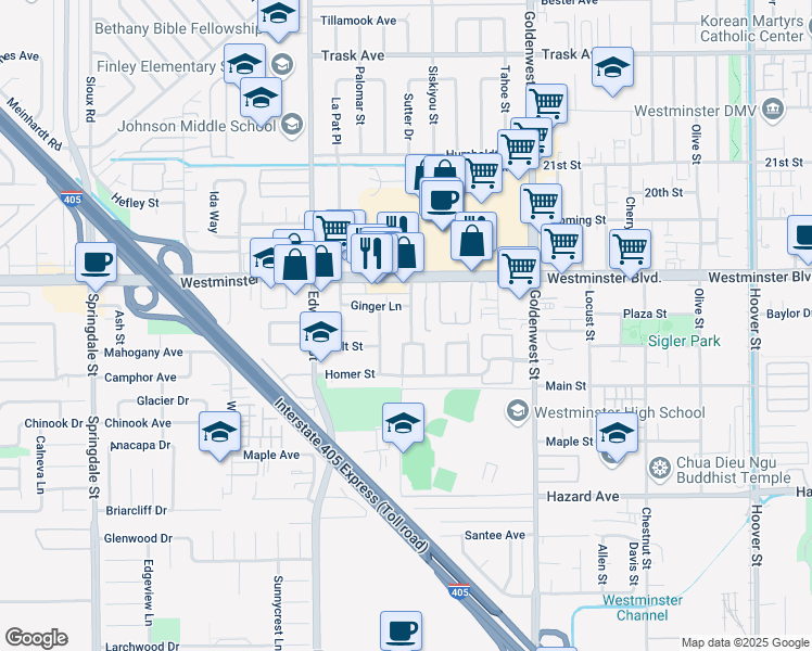 map of restaurants, bars, coffee shops, grocery stores, and more near 14101 Nancy Lee Drive in Westminster