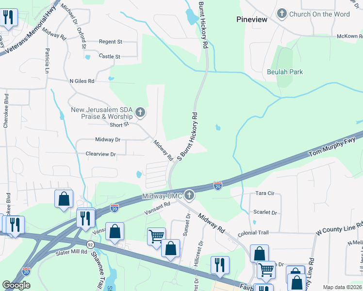 map of restaurants, bars, coffee shops, grocery stores, and more near 1775 South Burnt Hickory Road in Douglasville