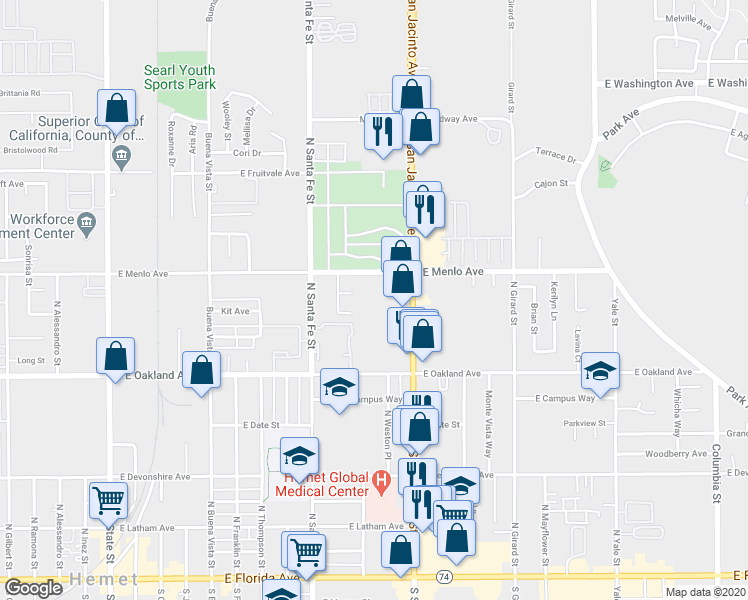 map of restaurants, bars, coffee shops, grocery stores, and more near 1101 East Menlo Avenue in Hemet