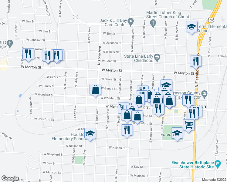 map of restaurants, bars, coffee shops, grocery stores, and more near 914 West Gandy Street in Denison