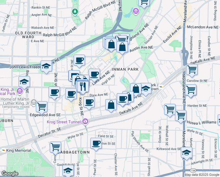 map of restaurants, bars, coffee shops, grocery stores, and more near 119 Ashland Drive Northeast in Atlanta