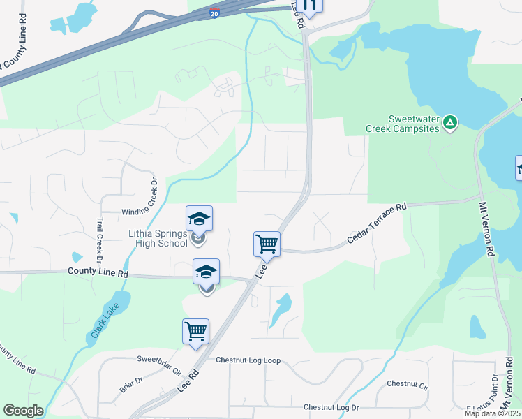 map of restaurants, bars, coffee shops, grocery stores, and more near 2406 Leeward Court in Lithia Springs