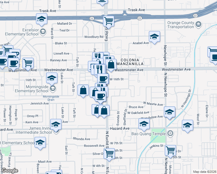 map of restaurants, bars, coffee shops, grocery stores, and more near 1439 North Euclid Street in Santa Ana