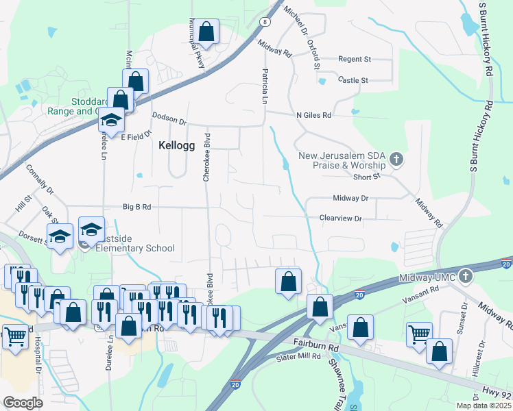 map of restaurants, bars, coffee shops, grocery stores, and more near 5412 Somer Mill Road in Douglasville