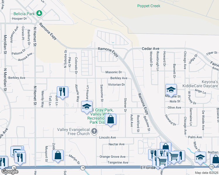 map of restaurants, bars, coffee shops, grocery stores, and more near 25074 Battery Court in Hemet