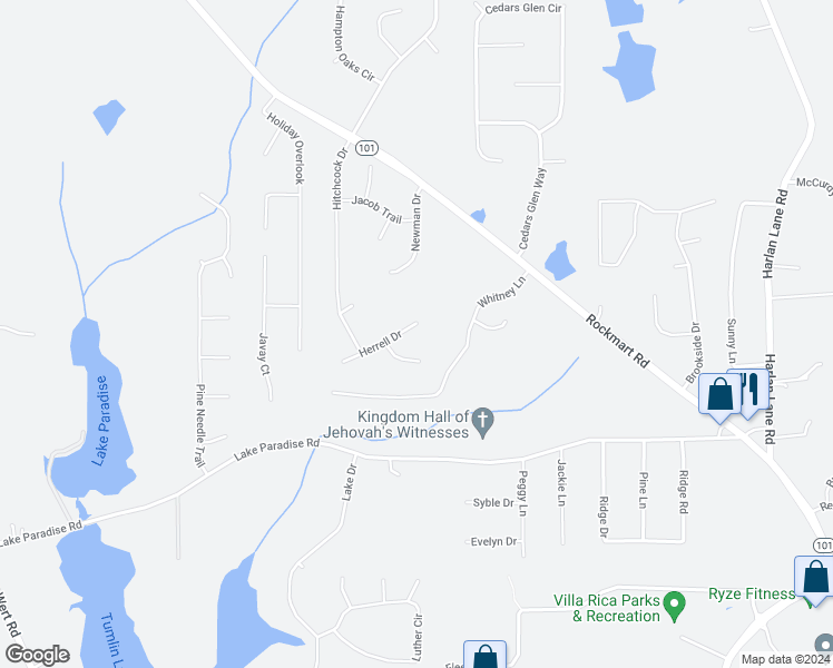 map of restaurants, bars, coffee shops, grocery stores, and more near 97 Herrell Drive in Villa Rica