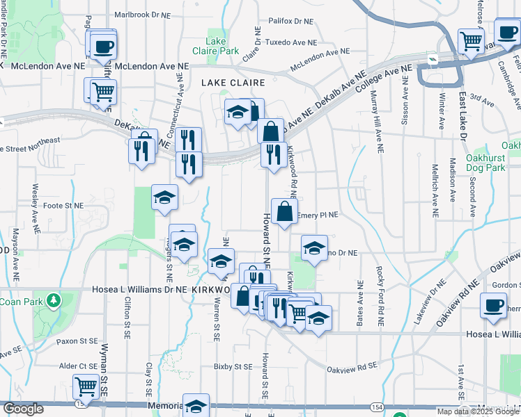 map of restaurants, bars, coffee shops, grocery stores, and more near 180 Howard Street Northeast in Atlanta