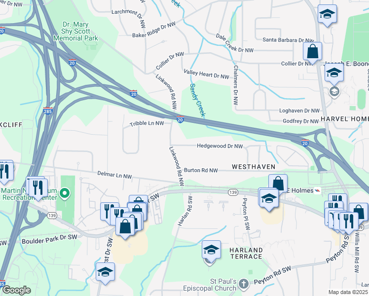 map of restaurants, bars, coffee shops, grocery stores, and more near 2866 Hedgewood Drive Northwest in Atlanta