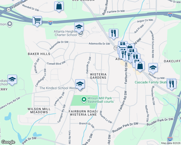 map of restaurants, bars, coffee shops, grocery stores, and more near 3786 Rockport Place Southwest in Atlanta