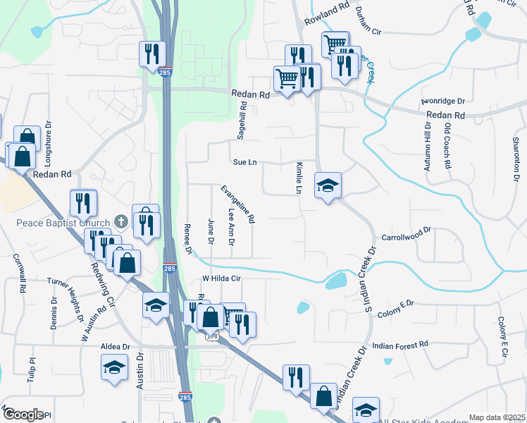 map of restaurants, bars, coffee shops, grocery stores, and more near 4104 Katrina Court in Decatur
