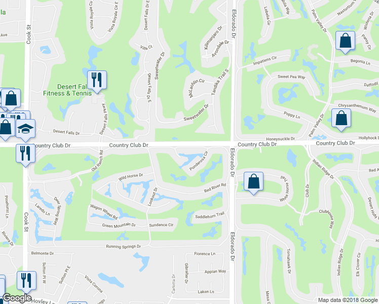 map of restaurants, bars, coffee shops, grocery stores, and more near 357 Bouquet Canyon Drive in Palm Desert