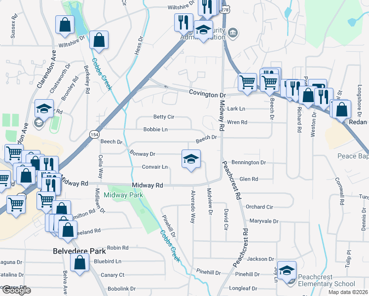map of restaurants, bars, coffee shops, grocery stores, and more near 1253 Tacoma Way in Decatur