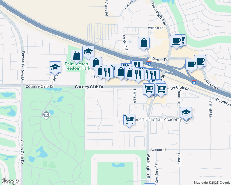 map of restaurants, bars, coffee shops, grocery stores, and more near 40108 Eastwood Lane in Palm Desert