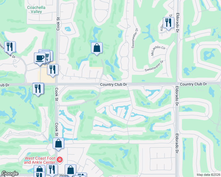map of restaurants, bars, coffee shops, grocery stores, and more near 243 Bouquet Canyon Drive in Palm Desert