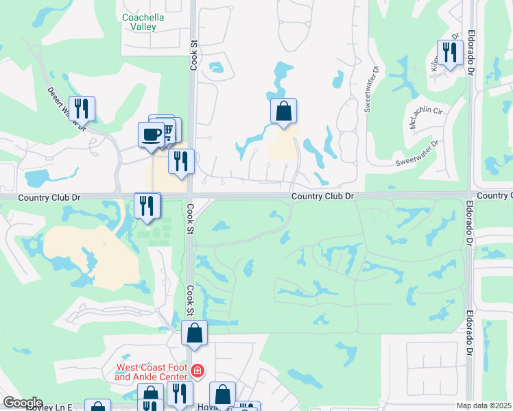 map of restaurants, bars, coffee shops, grocery stores, and more near 149 Bouquet Canyon Drive in Palm Desert
