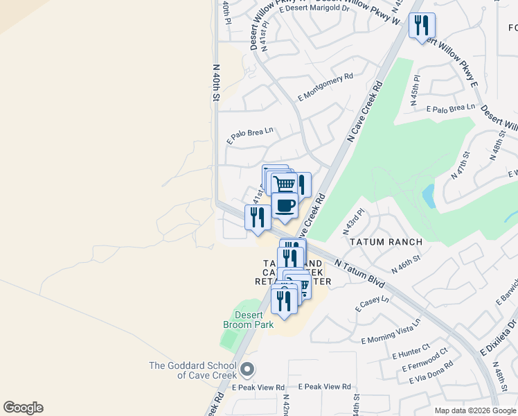 map of restaurants, bars, coffee shops, grocery stores, and more near 29817 North 41st Place in Cave Creek