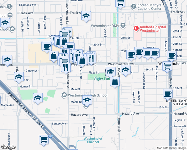 map of restaurants, bars, coffee shops, grocery stores, and more near 7200 Plaza Street in Westminster