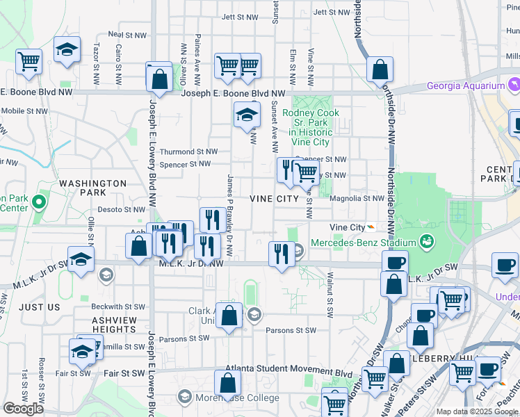 map of restaurants, bars, coffee shops, grocery stores, and more near 104 McCullough Street Northwest in Atlanta