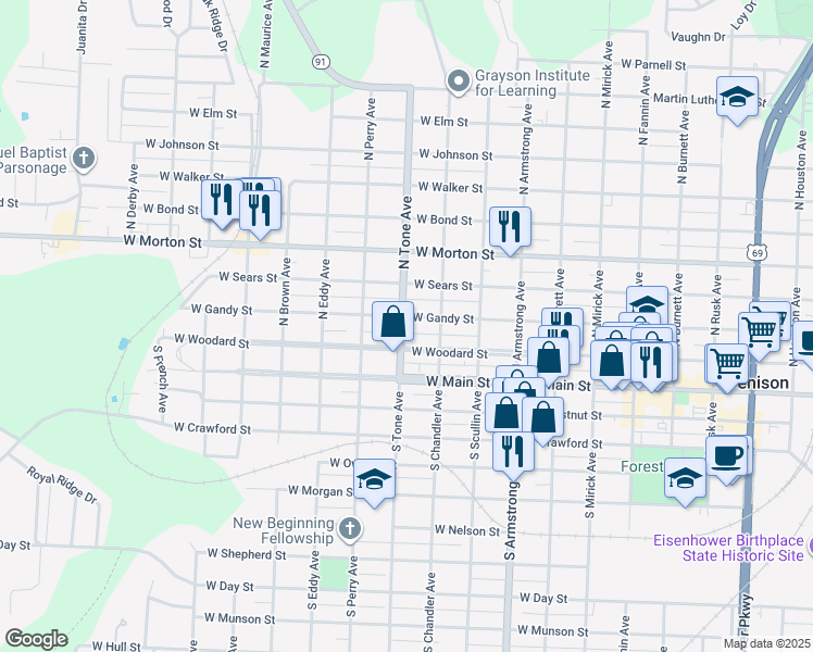 map of restaurants, bars, coffee shops, grocery stores, and more near 1030 West Gandy Street in Denison