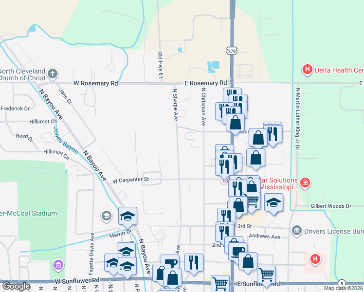 map of restaurants, bars, coffee shops, grocery stores, and more near 644-898 N Sharpe Ave in Cleveland