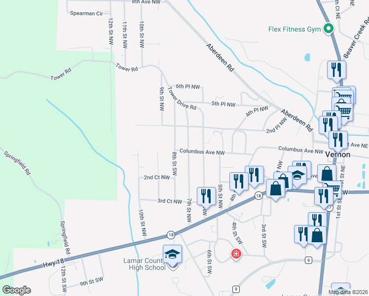 map of restaurants, bars, coffee shops, grocery stores, and more near 501 7th Street Northwest in Vernon