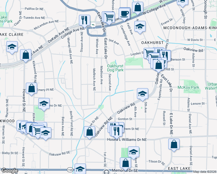 map of restaurants, bars, coffee shops, grocery stores, and more near 245 Second Avenue in Decatur