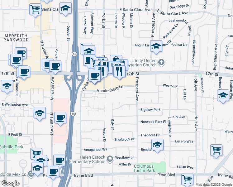 map of restaurants, bars, coffee shops, grocery stores, and more near 17522 Vandenberg Lane in Tustin