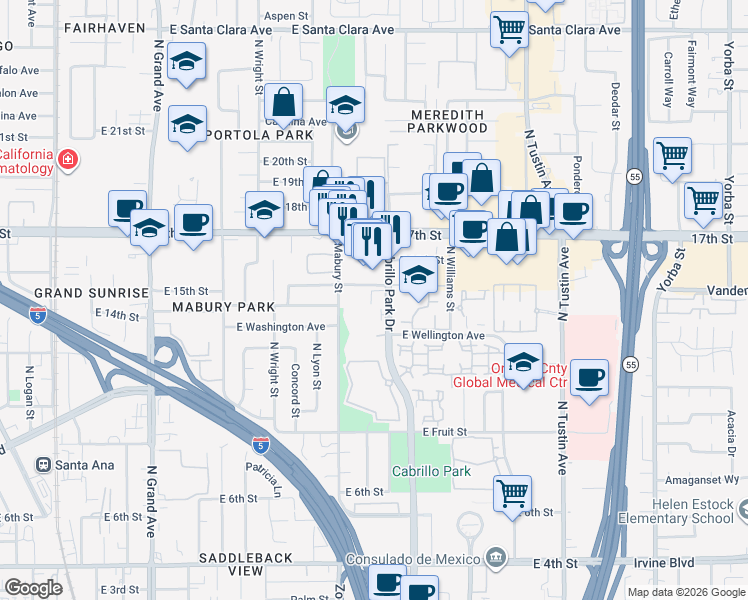 map of restaurants, bars, coffee shops, grocery stores, and more near 1422 Cabrillo Park Drive in Santa Ana