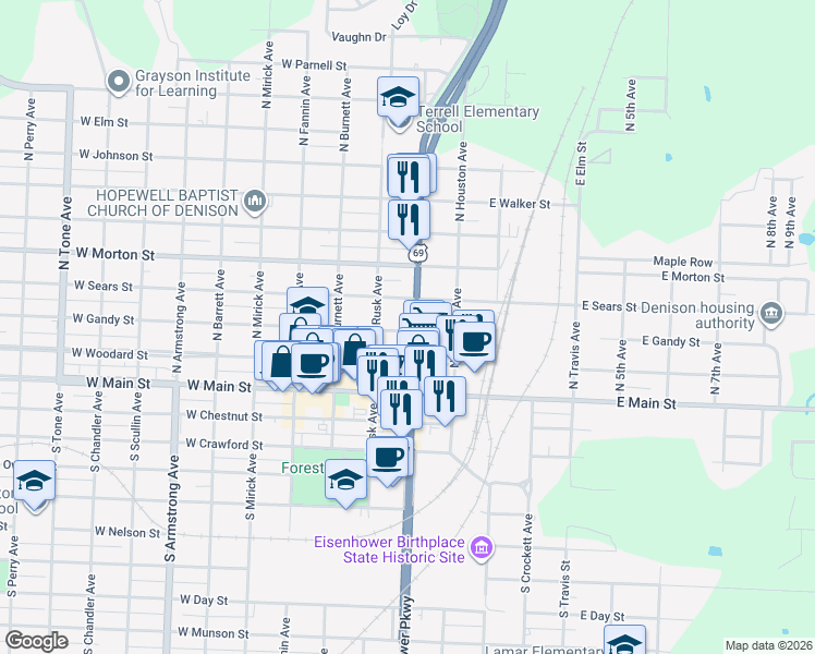 map of restaurants, bars, coffee shops, grocery stores, and more near 187 West Gandy Street in Denison