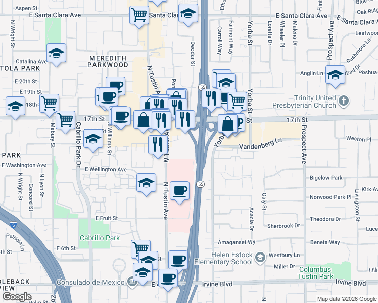 map of restaurants, bars, coffee shops, grocery stores, and more near 1403 North Tustin Avenue in Santa Ana