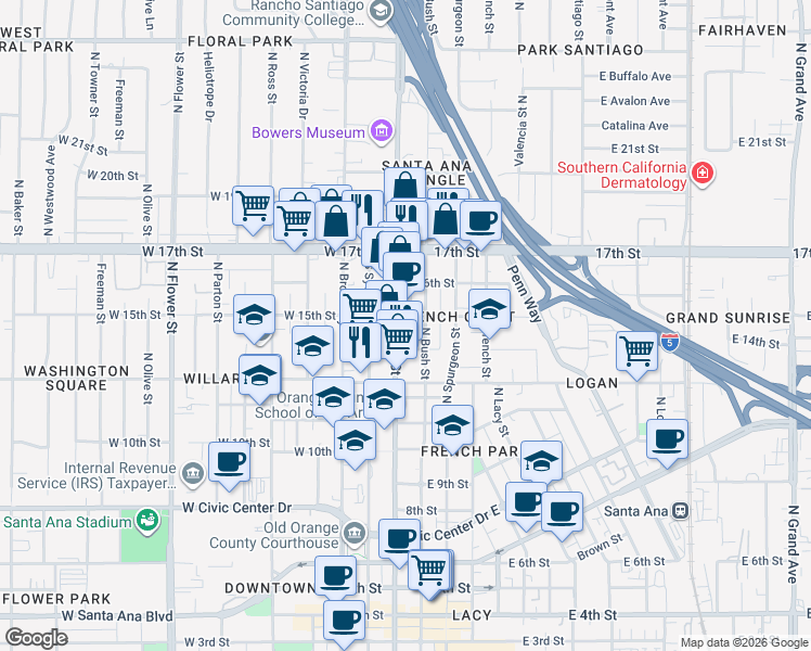map of restaurants, bars, coffee shops, grocery stores, and more near 1421 North Main Street in Santa Ana