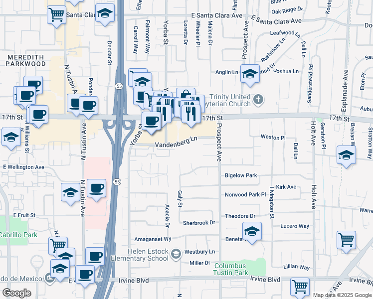 map of restaurants, bars, coffee shops, grocery stores, and more near 17522 Vandenberg Lane in Tustin