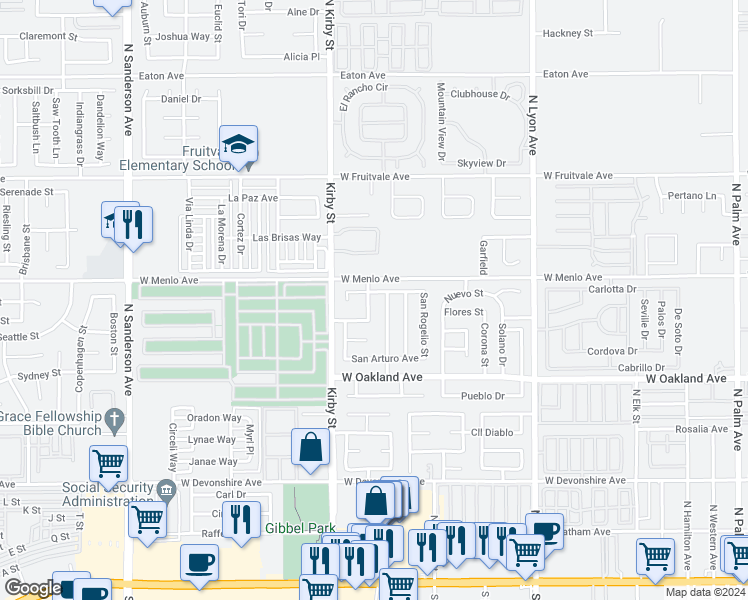 map of restaurants, bars, coffee shops, grocery stores, and more near 684 San Huerta Street in Hemet