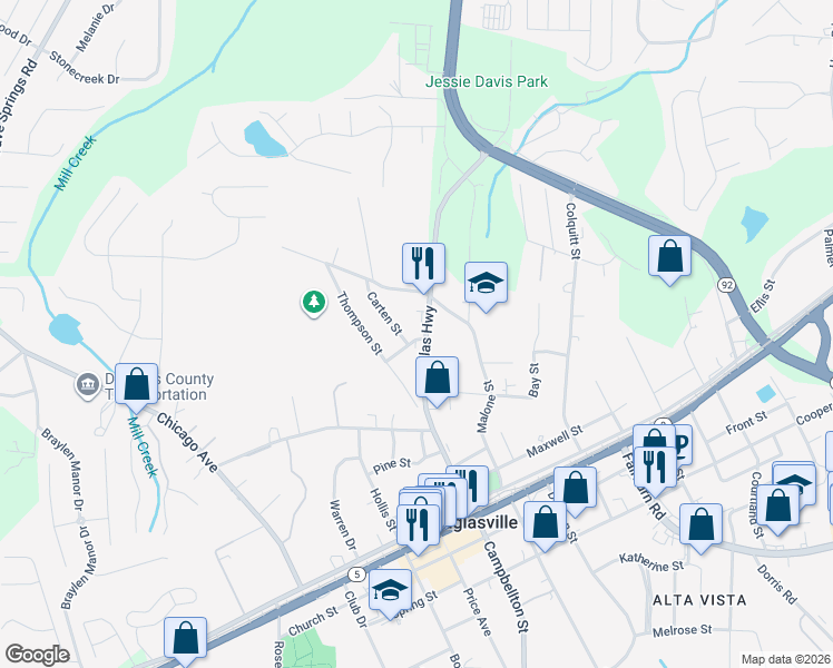 map of restaurants, bars, coffee shops, grocery stores, and more near 8155 Dallas Highway in Douglasville