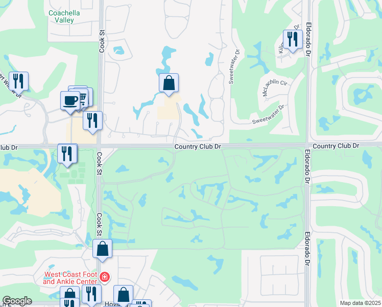 map of restaurants, bars, coffee shops, grocery stores, and more near 241 Bouquet Canyon Drive in Palm Desert