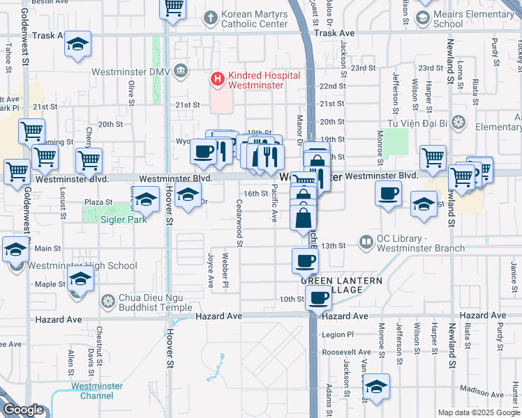 map of restaurants, bars, coffee shops, grocery stores, and more near 7797 15th Street in Westminster
