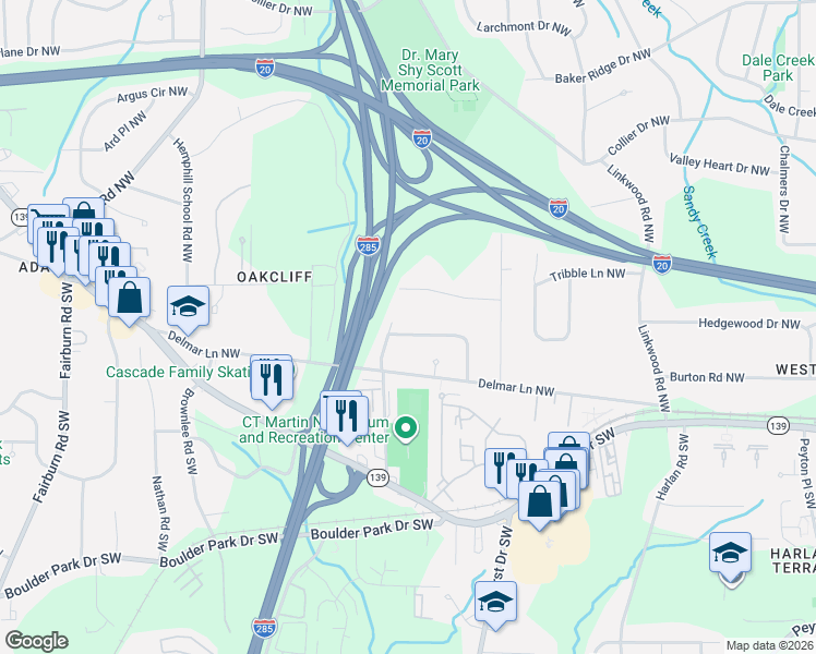 map of restaurants, bars, coffee shops, grocery stores, and more near 121 Delmoor Dr NW in Atlanta