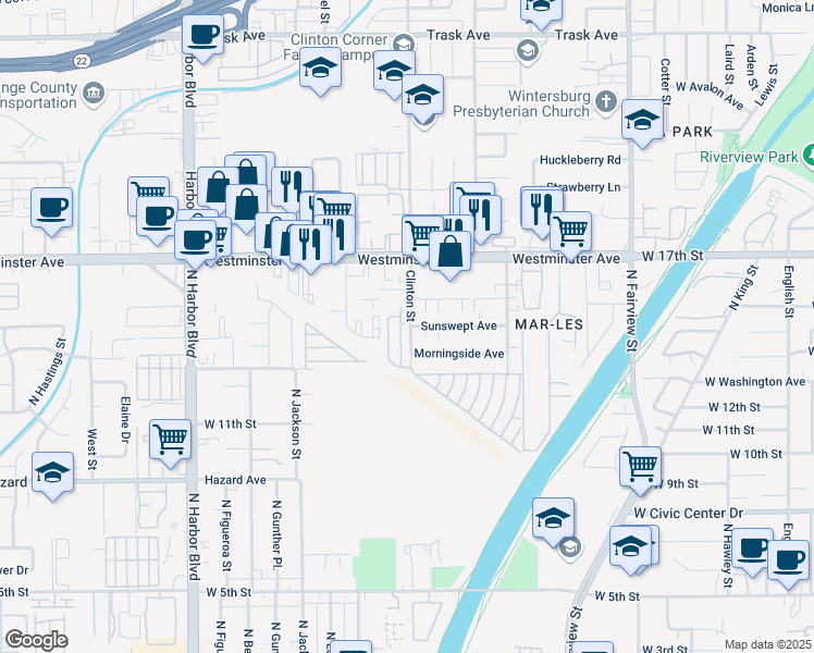 map of restaurants, bars, coffee shops, grocery stores, and more near 1300 Clinton Street in Santa Ana