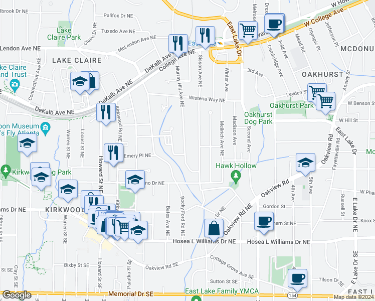 map of restaurants, bars, coffee shops, grocery stores, and more near 179 Murray Hill Avenue Northeast in Atlanta