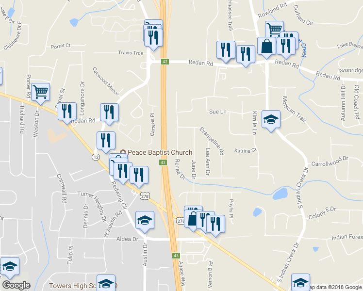 map of restaurants, bars, coffee shops, grocery stores, and more near 1240 Renee Drive in Decatur
