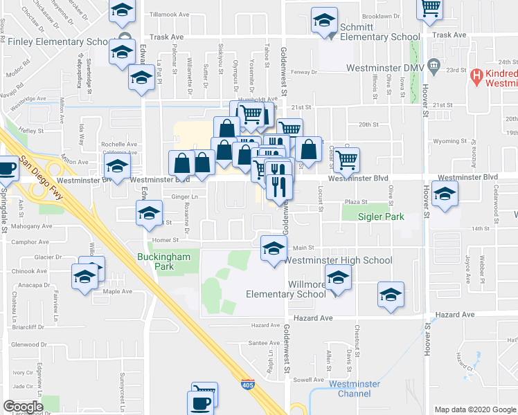 map of restaurants, bars, coffee shops, grocery stores, and more near 14101 Rondeau Street in Westminster