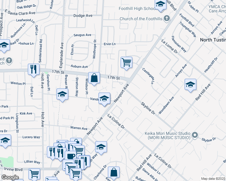map of restaurants, bars, coffee shops, grocery stores, and more near 14091 Dryden Lane in Santa Ana