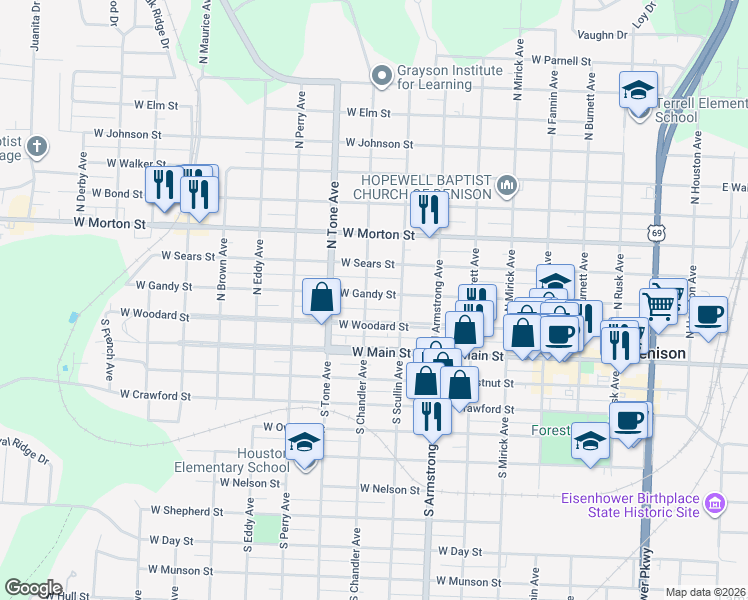 map of restaurants, bars, coffee shops, grocery stores, and more near 924 West Gandy Street in Denison