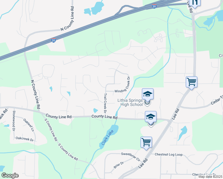map of restaurants, bars, coffee shops, grocery stores, and more near 2672 Winding Creek Drive in Lithia Springs