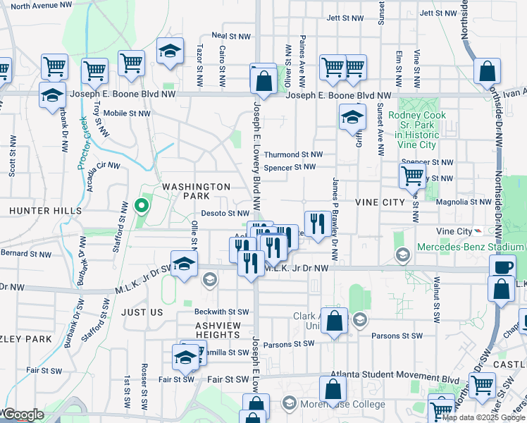 map of restaurants, bars, coffee shops, grocery stores, and more near 913 Mayson Turner Road Northwest in Atlanta