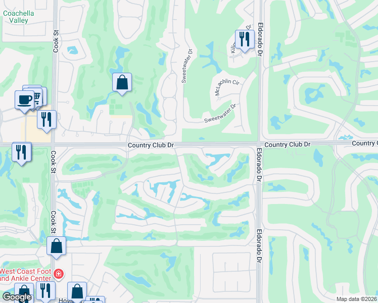 map of restaurants, bars, coffee shops, grocery stores, and more near 317 Bouquet Canyon Drive in Palm Desert