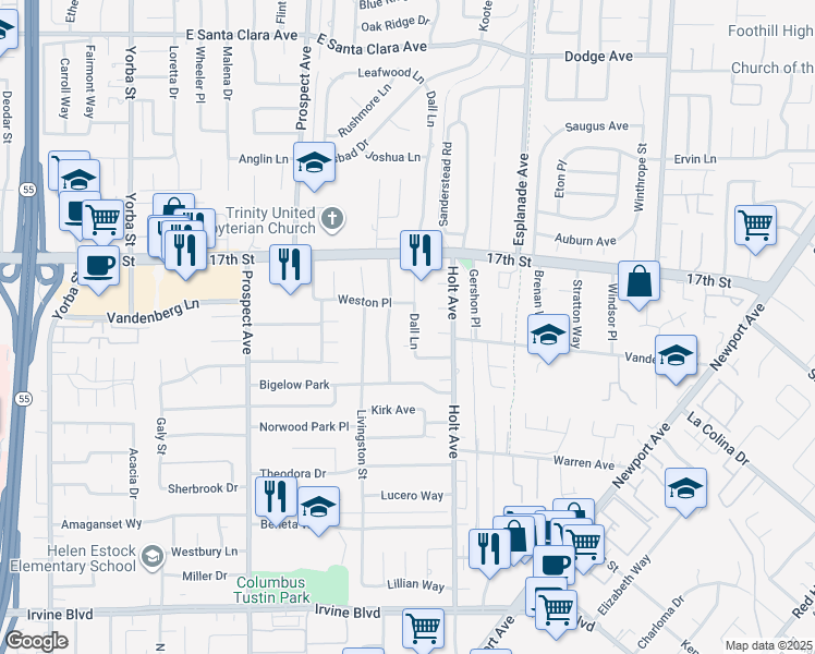 map of restaurants, bars, coffee shops, grocery stores, and more near 14161 Dall Lane in Tustin