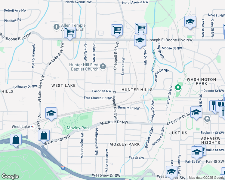 map of restaurants, bars, coffee shops, grocery stores, and more near 98 Chappell Road Northwest in Atlanta