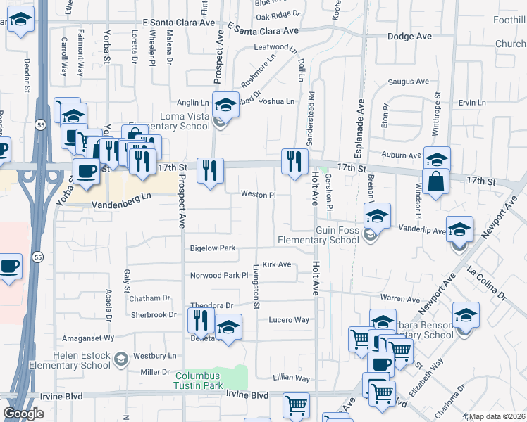map of restaurants, bars, coffee shops, grocery stores, and more near 14152 Livingston Street in Tustin